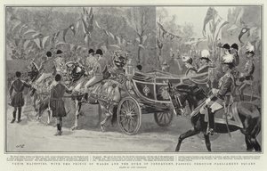 Deres Majesteter, med prinsen av Wales og hertugen av Connaught, passerer gjennom Parliament Square